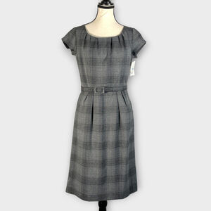 🦜 MERONA Sheath Dress Womans 6 Lined Gray Plaid Belted Pockets Career NEW